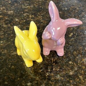 Cracker Barrell Ceramic Bunny Figurines - Yellow and Purple
